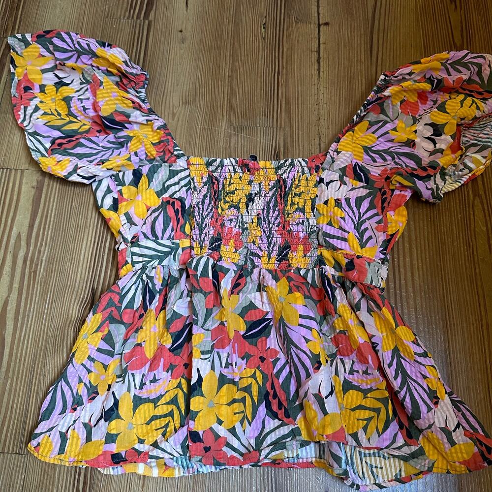 Loft floral tropical flutter short sleeve off shoulder cropped peplum top SIZE M - Picture 4 of 4